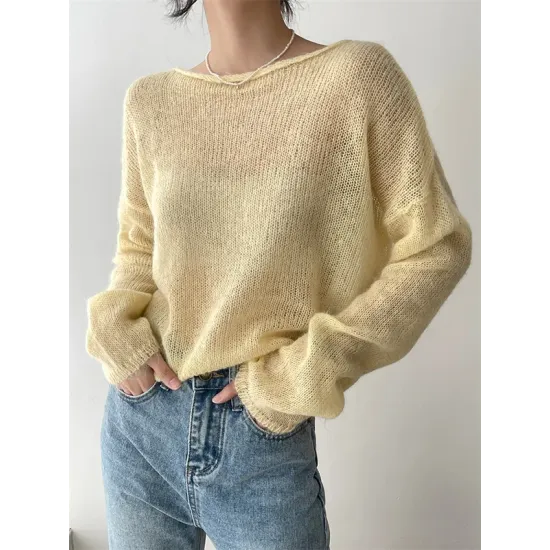 Gentle Mohair Knitted Loose Long Sleeves Solid Color Thin Sweater Tops Gentle Mohair Knitted Loose Long Sleeves Solid Color Thin Sweater Tops
