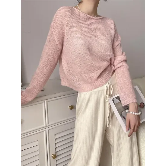 Gentle Mohair Knitted Loose Long Sleeves Solid Color Thin Sweater Tops Gentle Mohair Knitted Loose Long Sleeves Solid Color Thin Sweater Tops