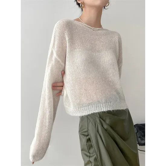 Gentle Mohair Knitted Loose Long Sleeves Solid Color Thin Sweater Tops Gentle Mohair Knitted Loose Long Sleeves Solid Color Thin Sweater Tops