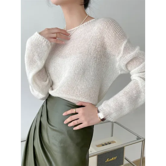 Gentle Mohair Knitted Loose Long Sleeves Solid Color Thin Sweater Tops Gentle Mohair Knitted Loose Long Sleeves Solid Color Thin Sweater Tops