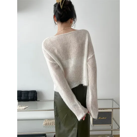 Gentle Mohair Knitted Loose Long Sleeves Solid Color Thin Sweater Tops Gentle Mohair Knitted Loose Long Sleeves Solid Color Thin Sweater Tops