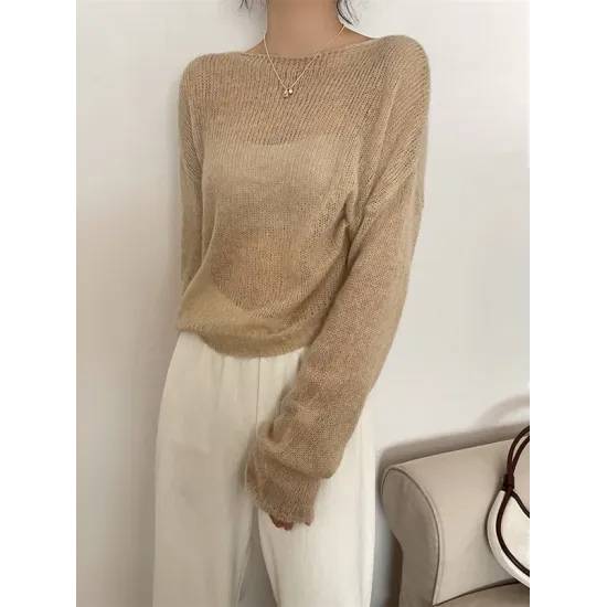 Gentle Mohair Knitted Loose Long Sleeves Solid Color Thin Sweater Tops Gentle Mohair Knitted Loose Long Sleeves Solid Color Thin Sweater Tops