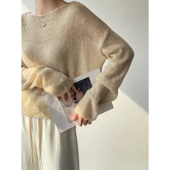 Gentle Mohair Knitted Loose Long Sleeves Solid Color Thin Sweater Tops Gentle Mohair Knitted Loose Long Sleeves Solid Color Thin Sweater Tops