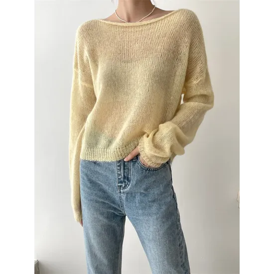 Gentle Mohair Knitted Loose Long Sleeves Solid Color Thin Sweater Tops Gentle Mohair Knitted Loose Long Sleeves Solid Color Thin Sweater Tops