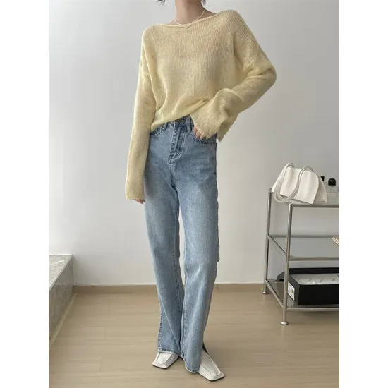 Gentle Mohair Knitted Loose Long Sleeves Solid Color Thin Sweater Tops Gentle Mohair Knitted Loose Long Sleeves Solid Color Thin Sweater Tops