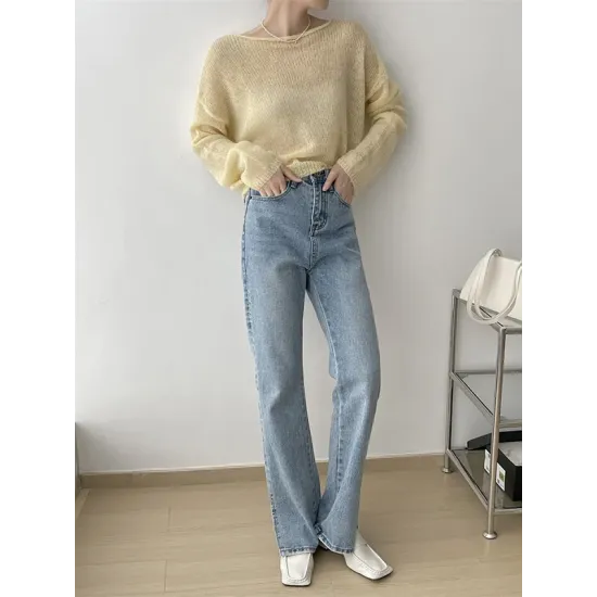 Gentle Mohair Knitted Loose Long Sleeves Solid Color Thin Sweater Tops Gentle Mohair Knitted Loose Long Sleeves Solid Color Thin Sweater Tops