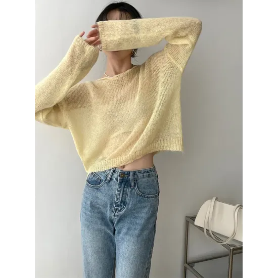 Gentle Mohair Knitted Loose Long Sleeves Solid Color Thin Sweater Tops Gentle Mohair Knitted Loose Long Sleeves Solid Color Thin Sweater Tops