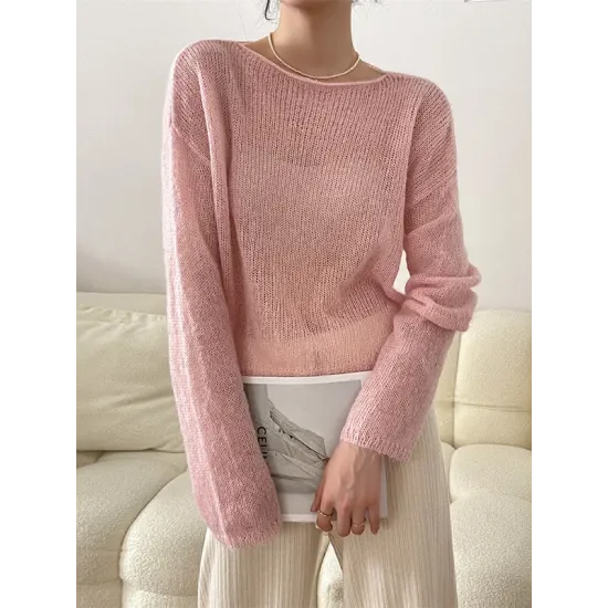 Gentle Mohair Knitted Loose Long Sleeves Solid Color Thin Sweater Tops Gentle Mohair Knitted Loose Long Sleeves Solid Color Thin Sweater Tops