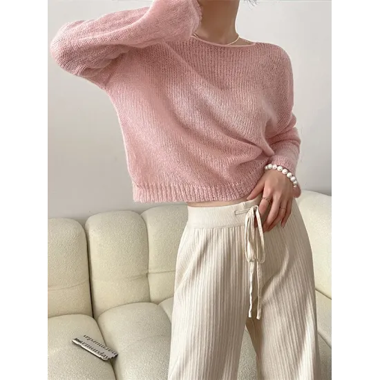 Gentle Mohair Knitted Loose Long Sleeves Solid Color Thin Sweater Tops Gentle Mohair Knitted Loose Long Sleeves Solid Color Thin Sweater Tops