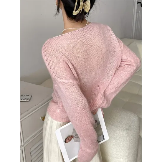 Gentle Mohair Knitted Loose Long Sleeves Solid Color Thin Sweater Tops Gentle Mohair Knitted Loose Long Sleeves Solid Color Thin Sweater Tops