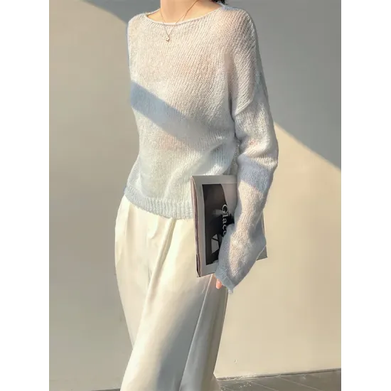 Gentle Mohair Knitted Loose Long Sleeves Solid Color Thin Sweater Tops Gentle Mohair Knitted Loose Long Sleeves Solid Color Thin Sweater Tops