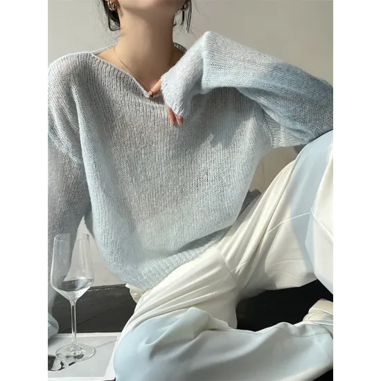 Gentle Mohair Knitted Loose Long Sleeves Solid Color Thin Sweater Tops Gentle Mohair Knitted Loose Long Sleeves Solid Color Thin Sweater Tops