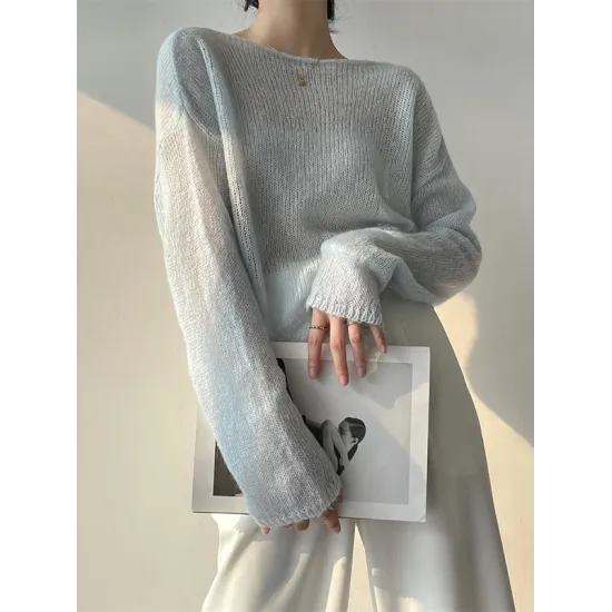 Gentle Mohair Knitted Loose Long Sleeves Solid Color Thin Sweater Tops Gentle Mohair Knitted Loose Long Sleeves Solid Color Thin Sweater Tops