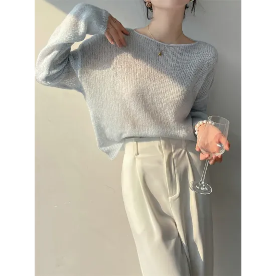 Gentle Mohair Knitted Loose Long Sleeves Solid Color Thin Sweater Tops Gentle Mohair Knitted Loose Long Sleeves Solid Color Thin Sweater Tops