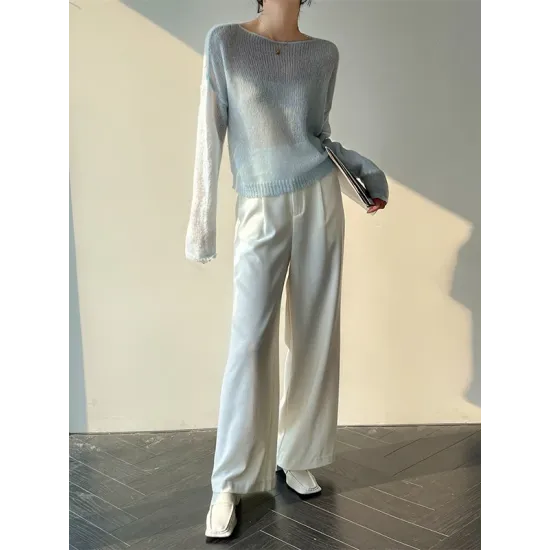 Gentle Mohair Knitted Loose Long Sleeves Solid Color Thin Sweater Tops Gentle Mohair Knitted Loose Long Sleeves Solid Color Thin Sweater Tops
