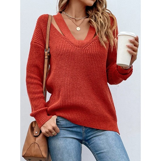 Stylish Loose Solid Color V-Neck Sweater Tops Stylish Loose Solid Color V-Neck Sweater Tops