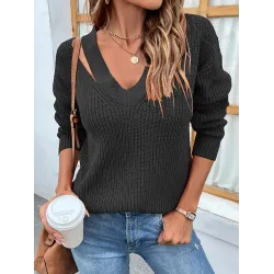 Stylish Loose Solid Color V-Neck Sweater Tops