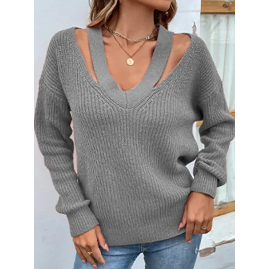 Stylish Loose Solid Color V-Neck Sweater Tops Stylish Loose Solid Color V-Neck Sweater Tops