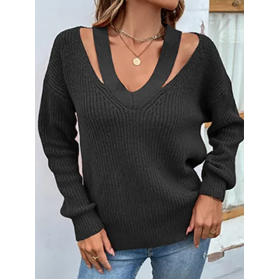 Stylish Loose Solid Color V-Neck Sweater Tops Stylish Loose Solid Color V-Neck Sweater Tops