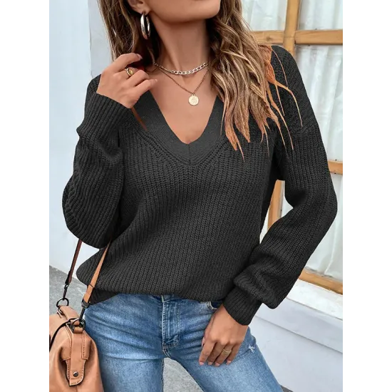Stylish Loose Solid Color V-Neck Sweater Tops Stylish Loose Solid Color V-Neck Sweater Tops