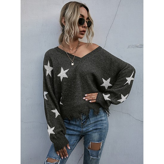 Casual Loose Patchwork V-Neck Sweater Top Casual Loose Patchwork V-Neck Sweater Top