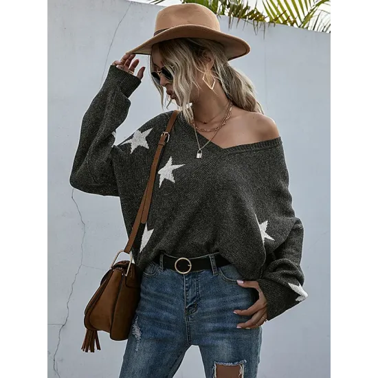 Casual Loose Patchwork V-Neck Sweater Top Casual Loose Patchwork V-Neck Sweater Top