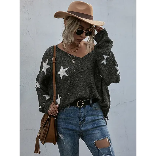 Casual Loose Patchwork V-Neck Sweater Top Casual Loose Patchwork V-Neck Sweater Top