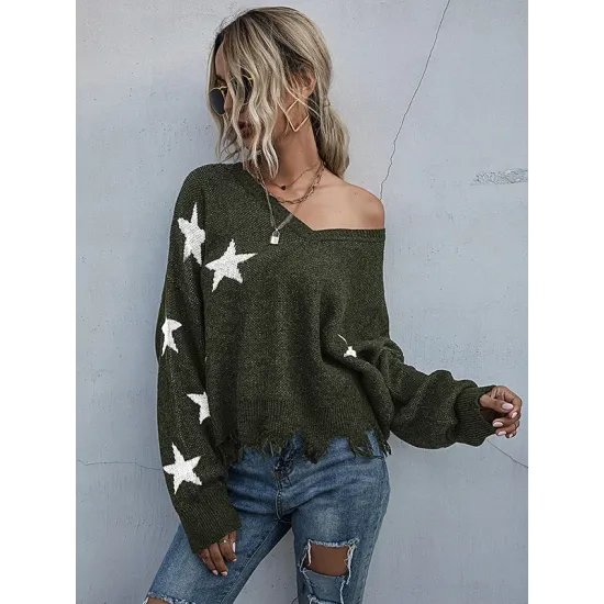 Casual Loose Patchwork V-Neck Sweater Top Casual Loose Patchwork V-Neck Sweater Top