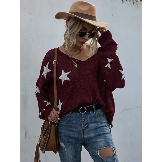 Casual Loose Patchwork V-Neck Sweater Top Casual Loose Patchwork V-Neck Sweater Top