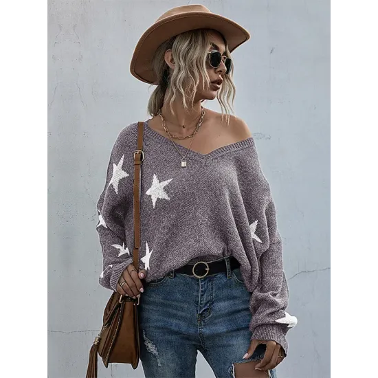 Casual Loose Patchwork V-Neck Sweater Top Casual Loose Patchwork V-Neck Sweater Top