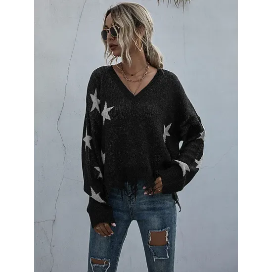 Casual Loose Patchwork V-Neck Sweater Top Casual Loose Patchwork V-Neck Sweater Top