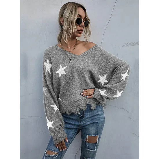 Casual Loose Patchwork V-Neck Sweater Top Casual Loose Patchwork V-Neck Sweater Top