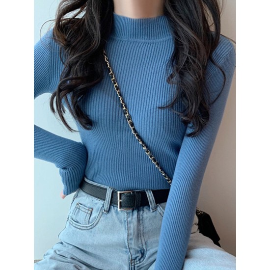 Casual Skinny Long Sleeves Solid Color High-Neck Sweater Tops Casual Skinny Long Sleeves Solid Color High-Neck Sweater Tops