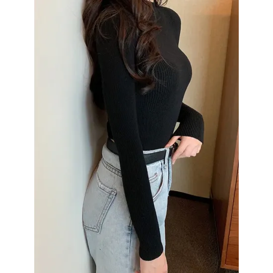 Casual Skinny Long Sleeves Solid Color High-Neck Sweater Tops Casual Skinny Long Sleeves Solid Color High-Neck Sweater Tops