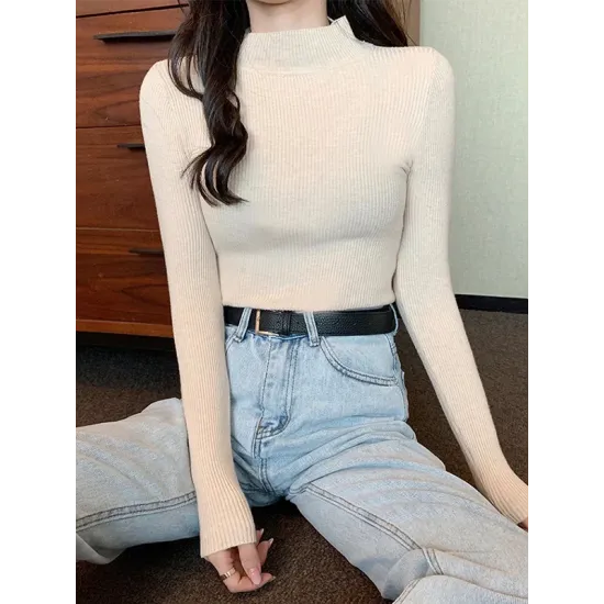 Casual Skinny Long Sleeves Solid Color High-Neck Sweater Tops Casual Skinny Long Sleeves Solid Color High-Neck Sweater Tops