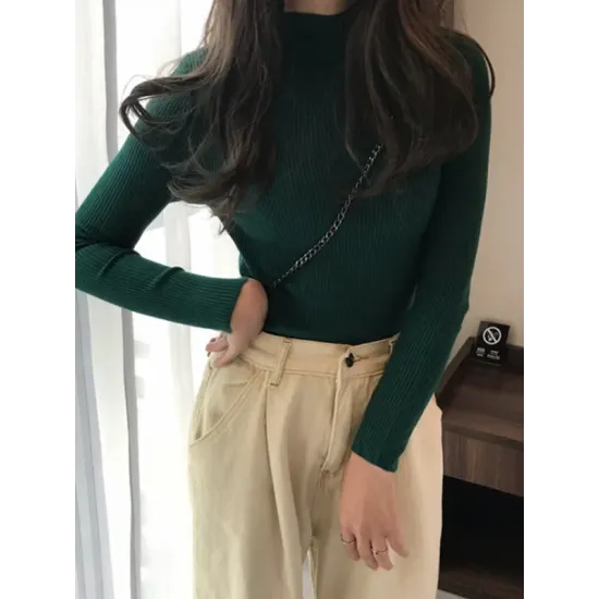 Casual Skinny Long Sleeves Solid Color High-Neck Sweater Tops Casual Skinny Long Sleeves Solid Color High-Neck Sweater Tops