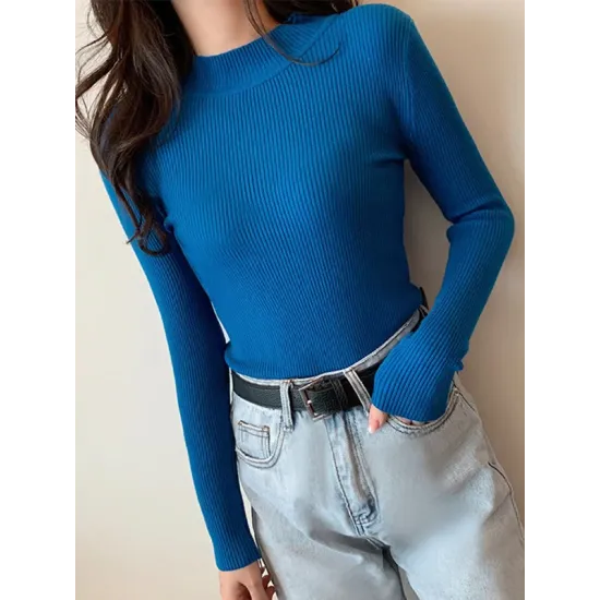 Casual Skinny Long Sleeves Solid Color High-Neck Sweater Tops Casual Skinny Long Sleeves Solid Color High-Neck Sweater Tops