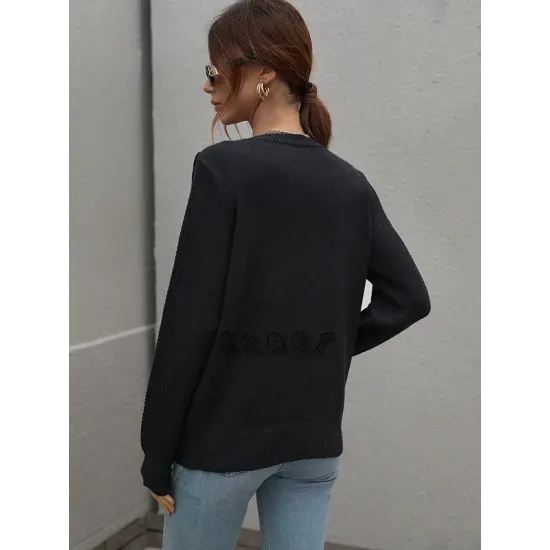 Original Long Sleeves Loose Tasseled Solid Color Round-Neck Sweater Tops