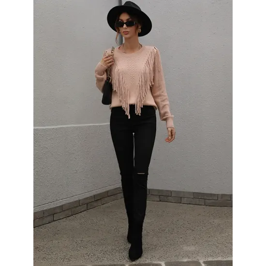 Original Long Sleeves Loose Tasseled Solid Color Round-Neck Sweater Tops