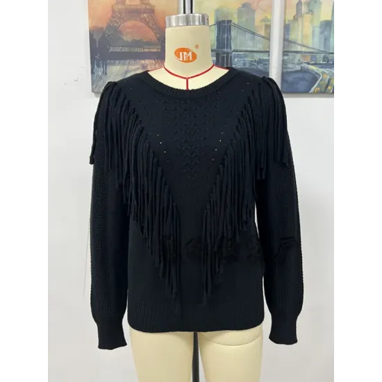 Original Long Sleeves Loose Tasseled Solid Color Round-Neck Sweater Tops