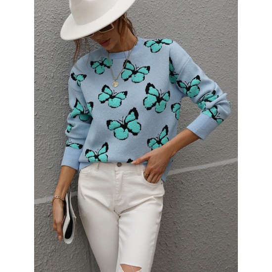 Original Long Sleeves Loose Butterfly Print Contrast Color Round-Neck Sweater Tops Original Long Sleeves Loose Butterfly Print Contrast Color Round-Neck Sweater Tops