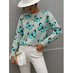 Original Long Sleeves Loose Butterfly Print Contrast Color Round-Neck Sweater Tops