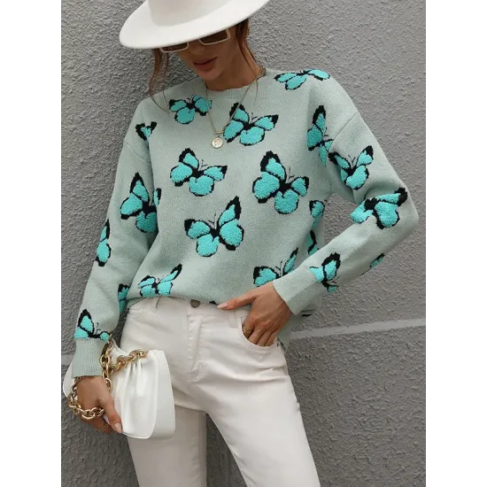 Original Long Sleeves Loose Butterfly Print Contrast Color Round-Neck Sweater Tops Original Long Sleeves Loose Butterfly Print Contrast Color Round-Neck Sweater Tops