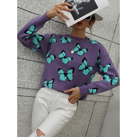 Original Long Sleeves Loose Butterfly Print Contrast Color Round-Neck Sweater Tops Original Long Sleeves Loose Butterfly Print Contrast Color Round-Neck Sweater Tops