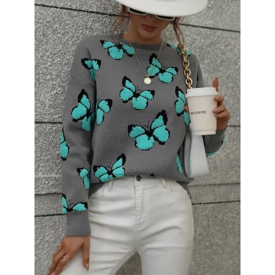 Original Long Sleeves Loose Butterfly Print Contrast Color Round-Neck Sweater Tops Original Long Sleeves Loose Butterfly Print Contrast Color Round-Neck Sweater Tops