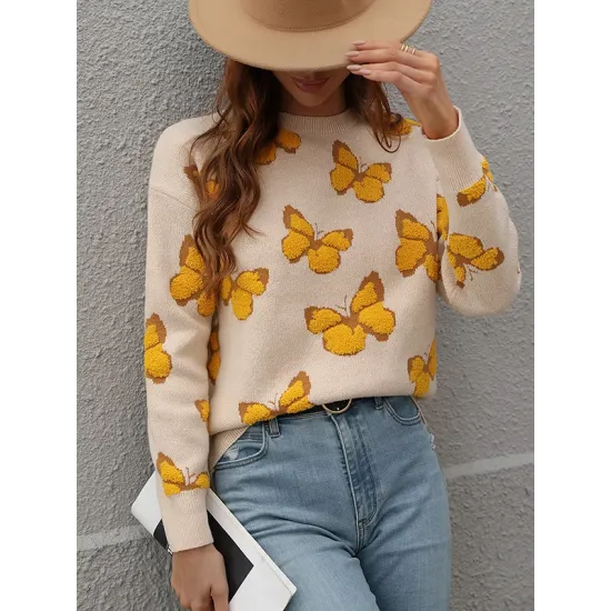 Original Long Sleeves Loose Butterfly Print Contrast Color Round-Neck Sweater Tops Original Long Sleeves Loose Butterfly Print Contrast Color Round-Neck Sweater Tops