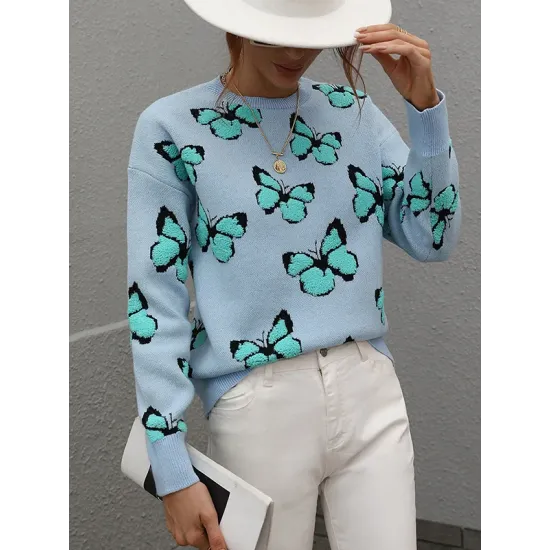 Original Long Sleeves Loose Butterfly Print Contrast Color Round-Neck Sweater Tops Original Long Sleeves Loose Butterfly Print Contrast Color Round-Neck Sweater Tops