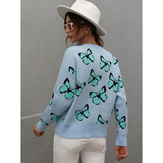 Original Long Sleeves Loose Butterfly Print Contrast Color Round-Neck Sweater Tops Original Long Sleeves Loose Butterfly Print Contrast Color Round-Neck Sweater Tops