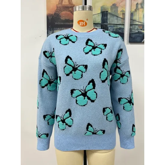 Original Long Sleeves Loose Butterfly Print Contrast Color Round-Neck Sweater Tops Original Long Sleeves Loose Butterfly Print Contrast Color Round-Neck Sweater Tops