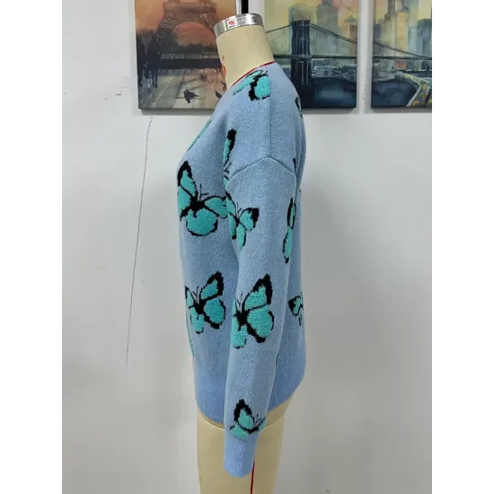 Original Long Sleeves Loose Butterfly Print Contrast Color Round-Neck Sweater Tops Original Long Sleeves Loose Butterfly Print Contrast Color Round-Neck Sweater Tops